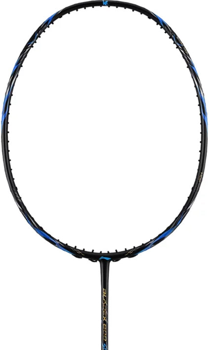 The Li-Ning BladeX 800 Speed Badminton Racket in storm blue, featuring an empty string bed, is displayed against a white background.