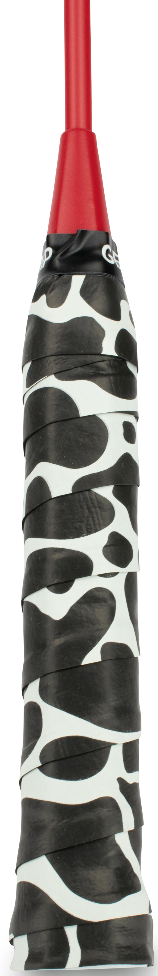 A close-up of a racket handle wrapped with Get A Grip Cow-A-Bunga Badminton Overgrip in White/Black, featuring excellent moisture absorption and a solid red cap.