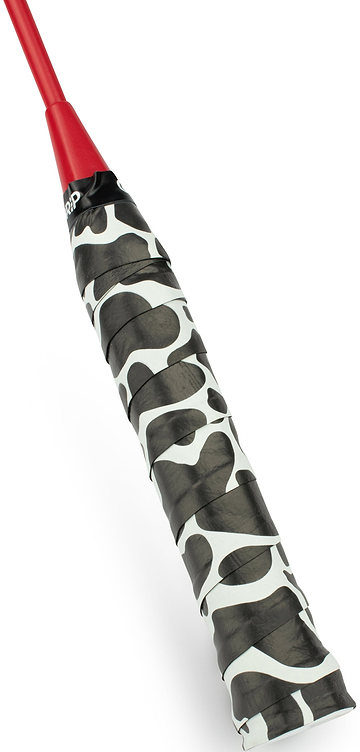 Close-up of the Get A Grip Cow-A-Bunga Badminton Overgrip in White/Black by Get A Grip, shown wrapped on a bat handle for moisture absorption and comfort. Part of the red bat is visible at the top; ideal as a badminton or racket grip.