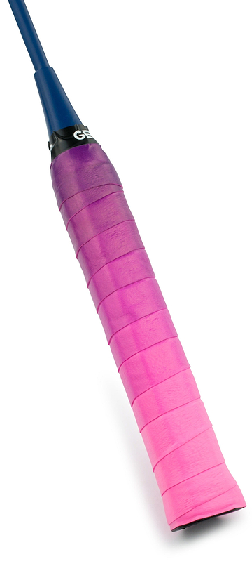 A close-up of a blue tennis racket handle wrapped with the Get A Grip Badminton Overgrip - Cascade by Get A Grip, featuring a pink and purple ombre design for moisture absorption, isolated on a white background.
