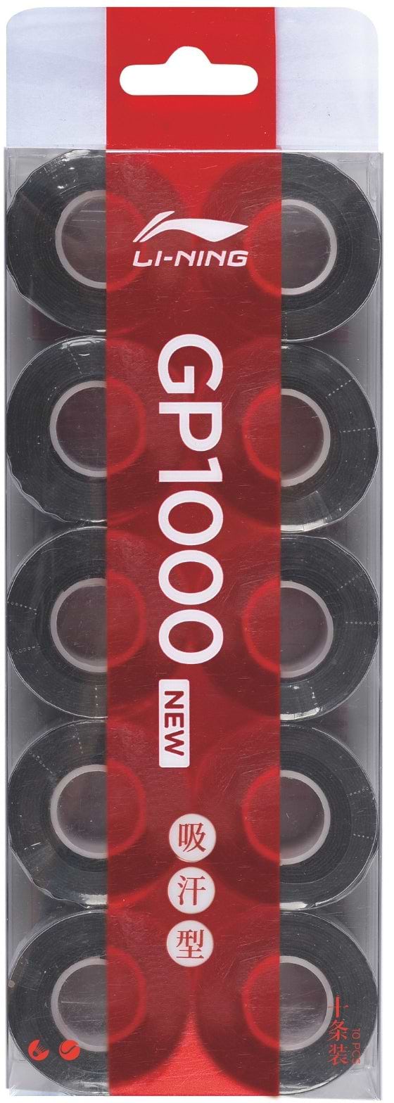 Ten black Li-Ning GP1000 Badminton Overgrips are neatly packed in two vertical columns inside clear packaging with a red label displaying white text and the Li-Ning logo.