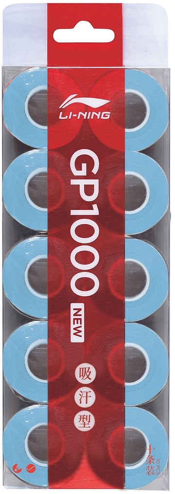 A pack of Li-Ning GP1000 10 Pack Badminton Overgrips in blue, featuring ten absorbent grip rolls with red and white Li-Ning branding and Chinese characters on the packaging.