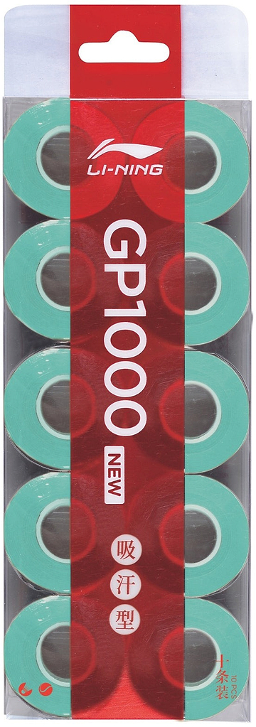 A 10-pack of Li-Ning GP1000 Badminton Overgrips in green, stacked in two columns. Absorbent grips come in red packaging with white text and the Li-Ning logo at the top, ideal for badminton players’ overgrip needs.
