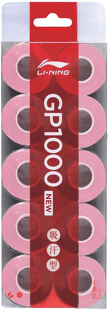 Li-Ning GP1000 10 Pack Badminton Overgrips in pink features branding and details in white on a red background. These tacky, absorbent grips are ideal for badminton players seeking comfort and control.