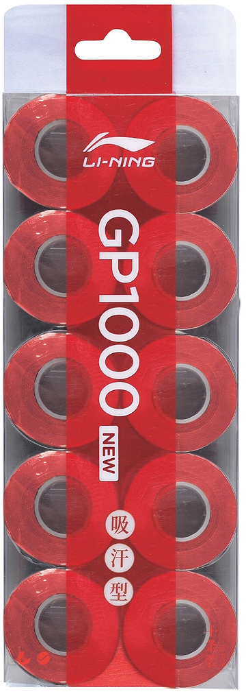 The Li-Ning GP1000 10 Pack Badminton Overgrips in red offers absorbent, comfortable grip for rackets. Arranged in two columns inside clear packaging with signature Li-Ning branding and Chinese characters.