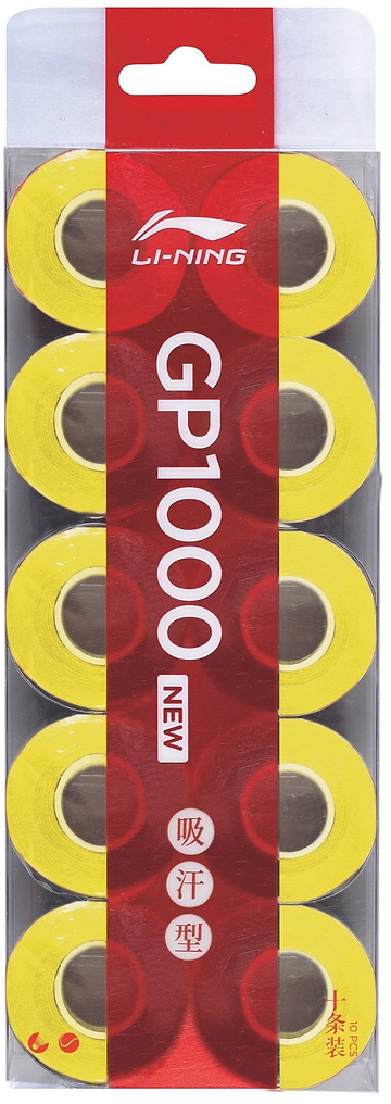 The Li-Ning GP1000 10 Pack Badminton Overgrips - Yellow features ten absorbent grips, arranged in two vertical rows of five, in clear plastic packaging with red and white Li-Ning branding.