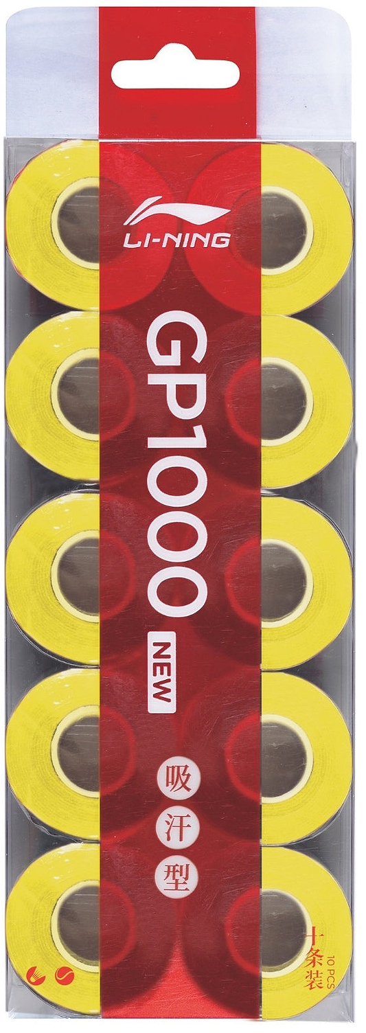The Li-Ning GP1000 10 Pack Badminton Overgrips - Yellow features ten absorbent grips, arranged in two vertical rows of five, in clear plastic packaging with red and white Li-Ning branding.