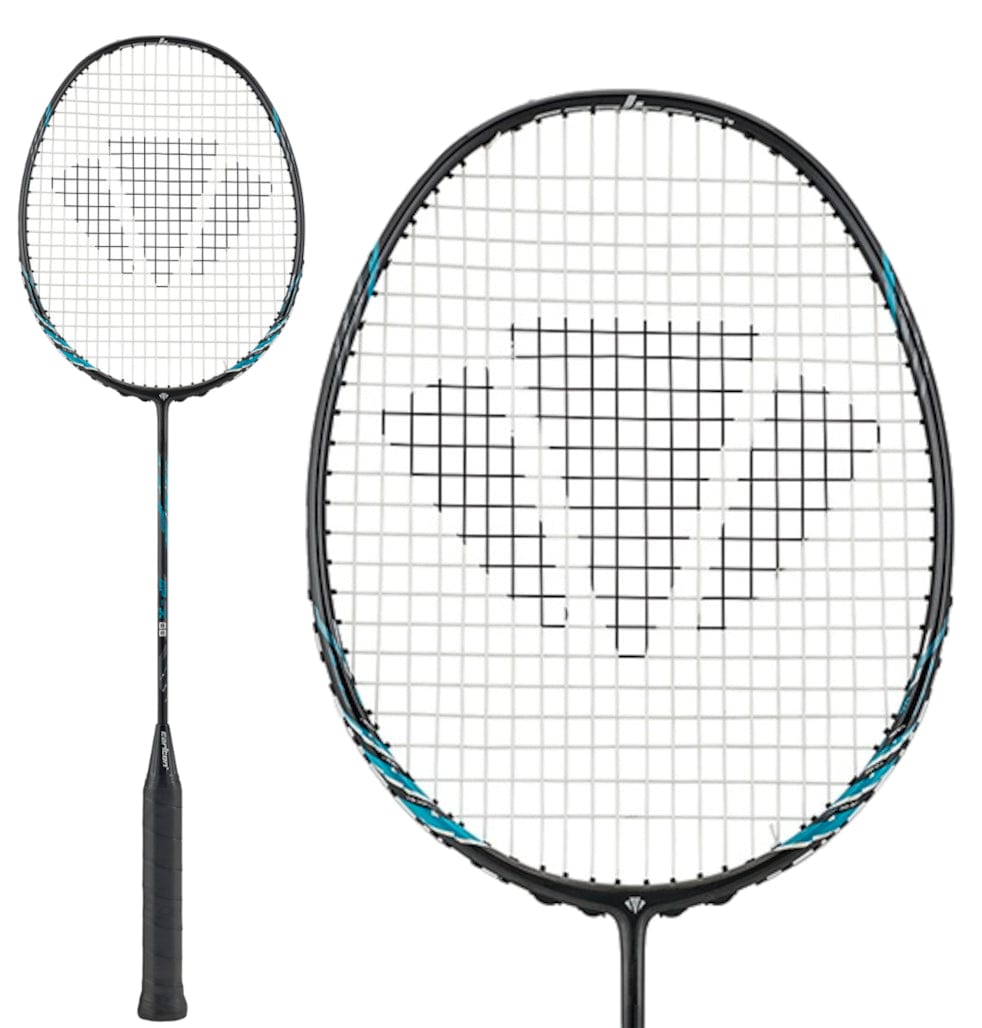 The Carlton GP-X 88 Badminton Racket in Hotmelt Black/Blue is crafted with high modulus graphite, featuring a blue accent, bold string graphic, and intricate string pattern. Its black grip handle ensures optimal comfort, perfect for professional players.