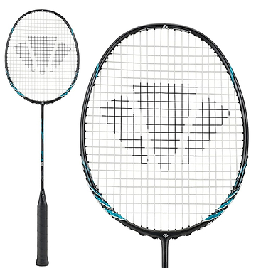 The Carlton GP-X 88 Badminton Racket in Hotmelt Black/Blue is crafted with high modulus graphite, featuring a blue accent, bold string graphic, and intricate string pattern. Its black grip handle ensures optimal comfort, perfect for professional players.