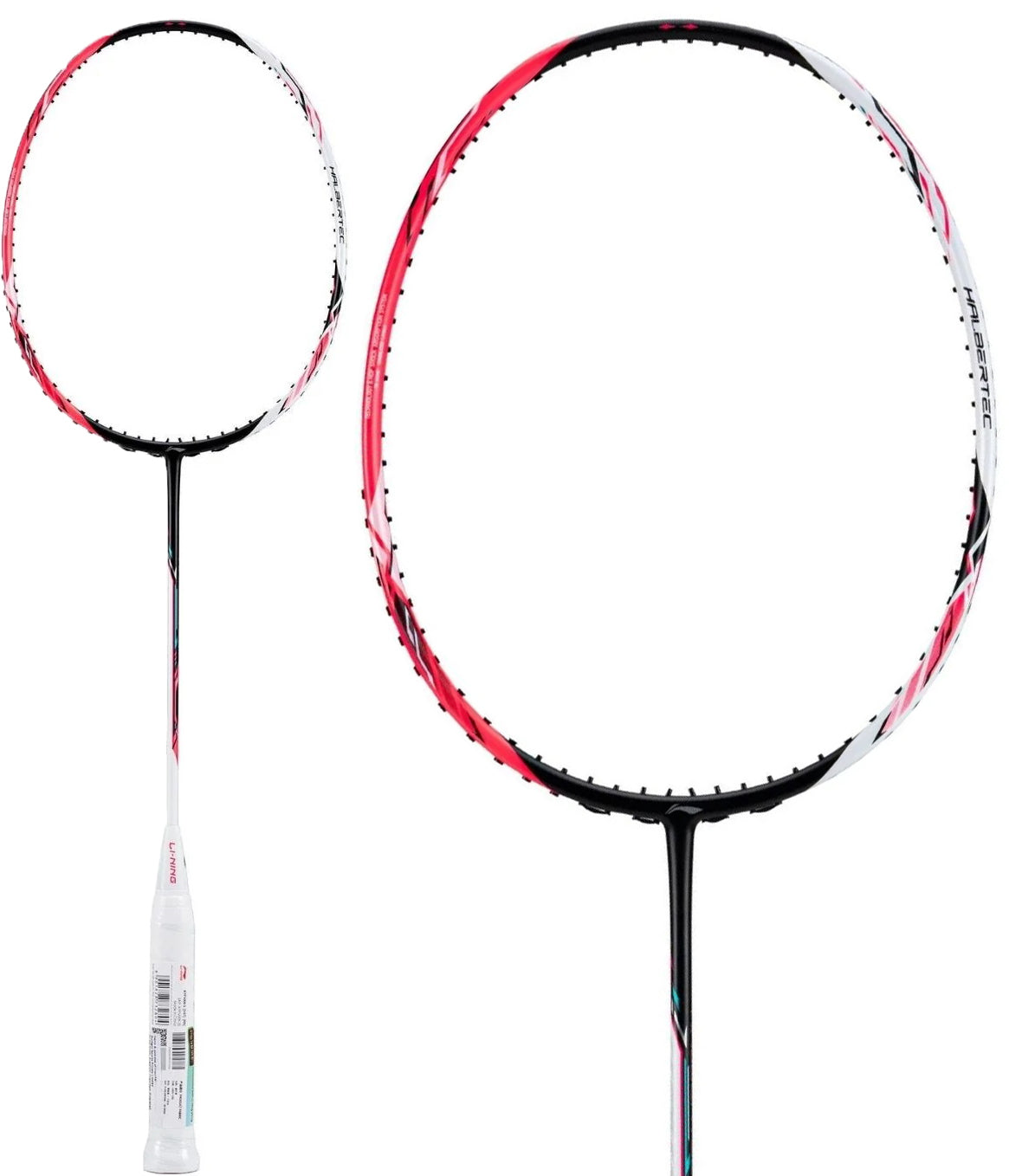 A Li-Ning Halbertec 4000 4U Badminton Racket in Pearl White/Fruit Powder is shown from two angles against a white background, featuring a white grip and unstrung black, red, and white frame.