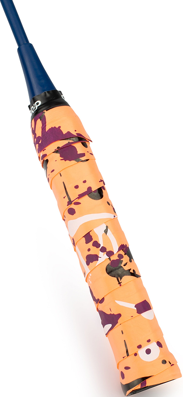 Close-up of a tennis racket handle wrapped with the Get A Grip Hot Mess Badminton Overgrip in orange by Get A Grip, featuring a bold abstract pattern in purple, maroon, and white. The non-slip grip ensures comfort. Racket head not shown.