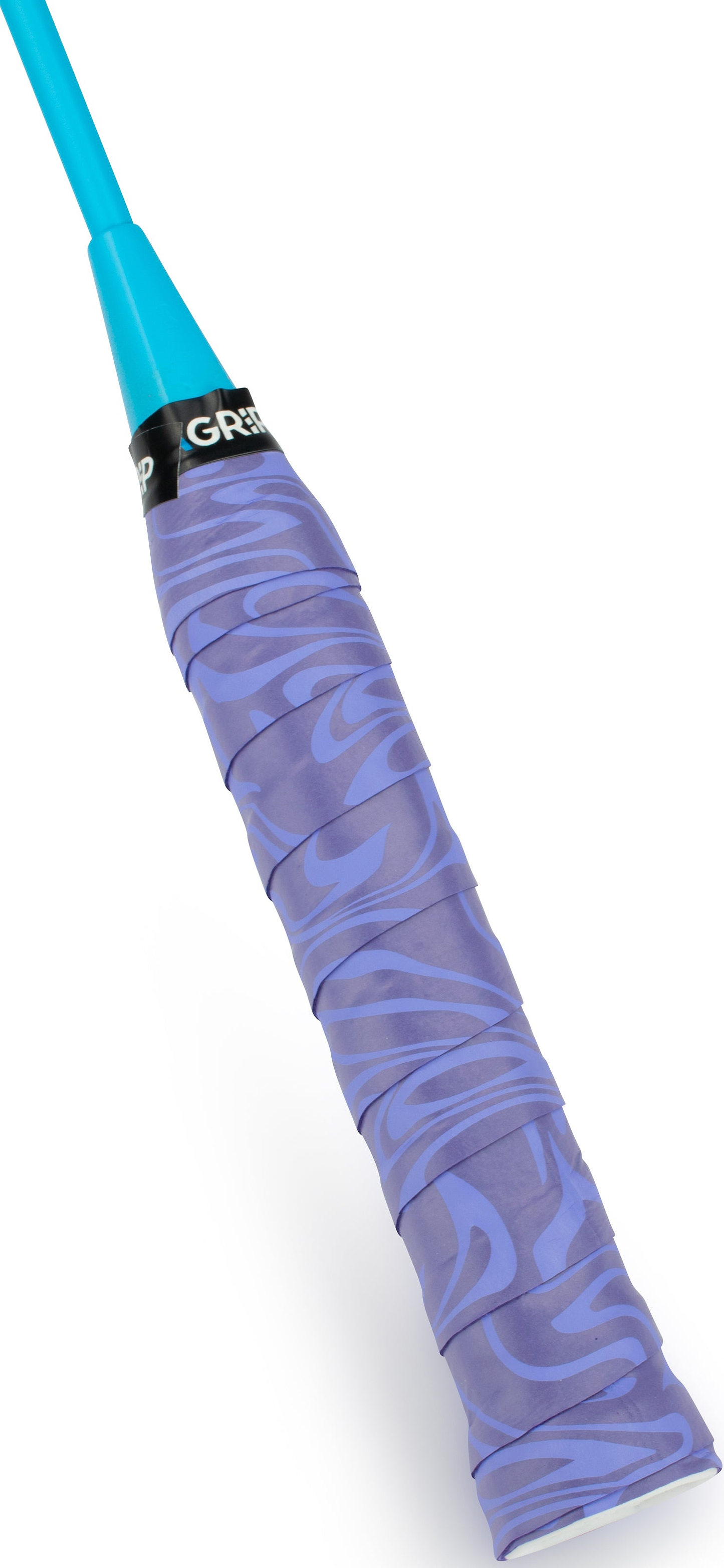 A close-up of a racket handle wrapped with the Get A Grip Purple Haze Badminton Overgrip by Get A Grip, featuring a wavy moisture-absorbing purple design and secured with a black strip labeled "GRIP.