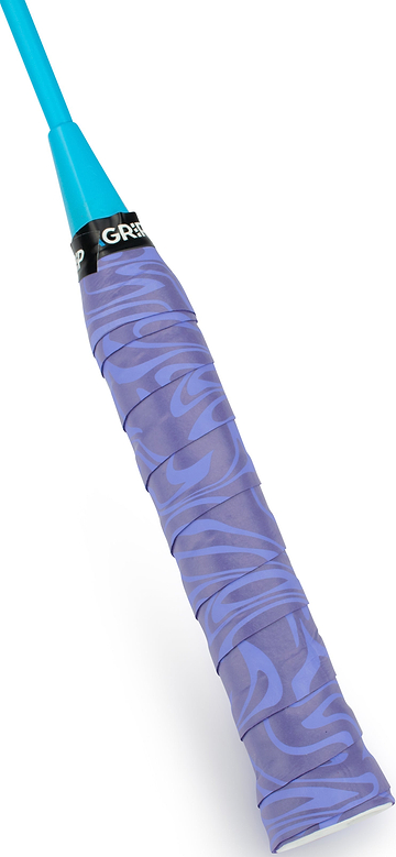 A close-up of a racket handle wrapped with the Get A Grip Purple Haze Badminton Overgrip by Get A Grip, featuring a wavy moisture-absorbing purple design and secured with a black strip labeled "GRIP.