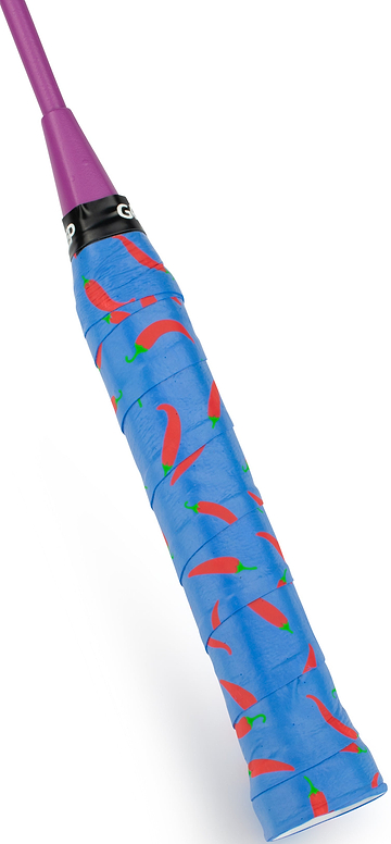 A close-up of the Get A Grip Heatwave Badminton Overgrip - Blue, featuring a red chili pepper pattern and a purple handle top with a black "GRIP" band. Brand: Get A Grip.
