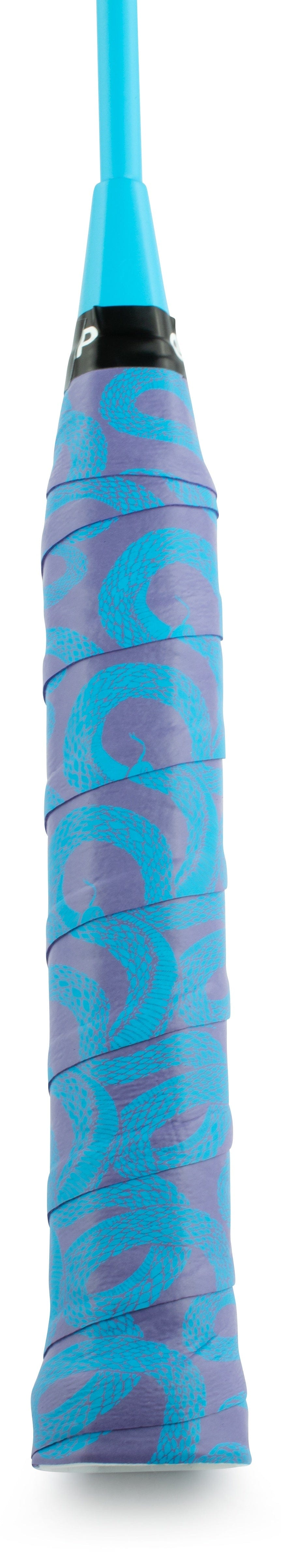 Close-up of a Get A Grip Badminton Overgrip - Hydra by Get A Grip, featuring a purple, textured grip with light blue wave patterns for enhanced moisture absorption. The new overgrip is tightly wrapped on the handle with a blue shaft above.