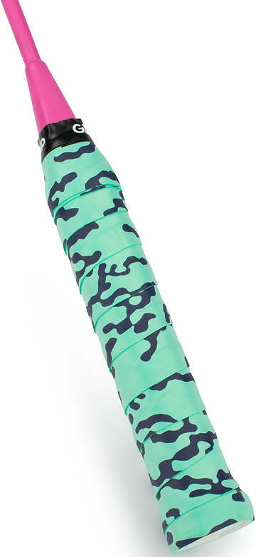 A close-up of a racket handle wrapped with the Get A Grip Liquid Motion Badminton Overgrip - Green, featuring a black camouflage pattern and a pink handle top—a unique badminton gift from Get A Grip.