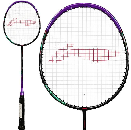 The Li-Ning Axforce 9 3U Badminton Racket - Zircon features a black frame with purple accents, red string pattern, and black grip tape. Shown are full view and close-up images of the racket head.