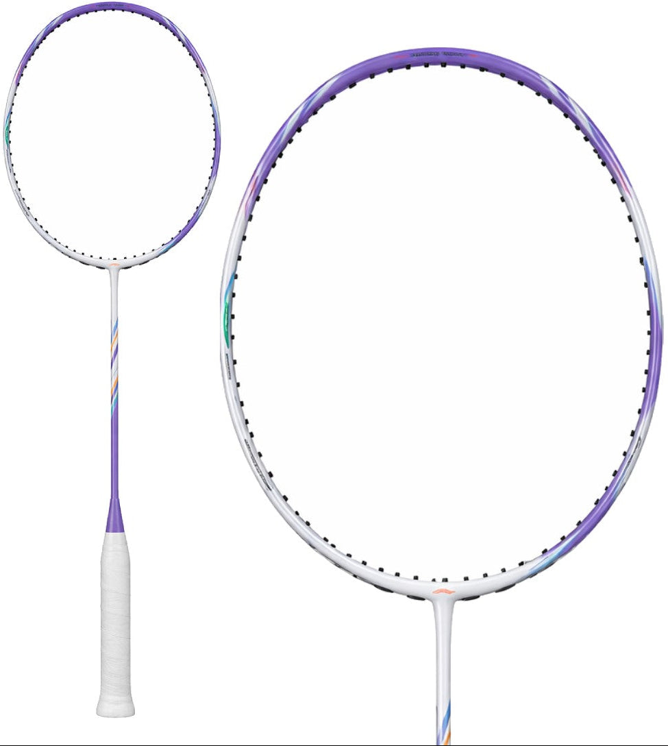 The Li-Ning BladeX 600 4U Badminton Racket in White/Purple features a sleek ultra carbon frame with purple accents and a white grip, shown fully and in head close-up against a plain white background.
