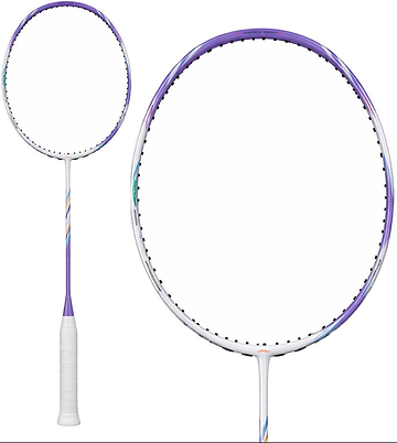 The Li-Ning BladeX 600 4U Badminton Racket in White/Purple features a sleek ultra carbon frame with purple accents and a white grip, shown fully and in head close-up against a plain white background.