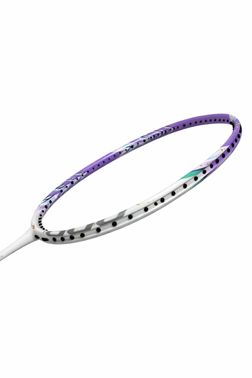 A close-up of the Li-Ning BladeX 600 4U Badminton Racket - White/Purple shows its ultra carbon frame with purple accents, highlighting the string holes without strings.