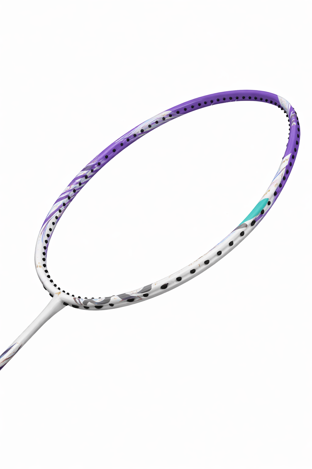 A detailed shot of the Li-Ning BladeX 600 4U Badminton Racket in white/purple, showcasing its ultra carbon frame from Li-Ning against a white background, with no strings visible.