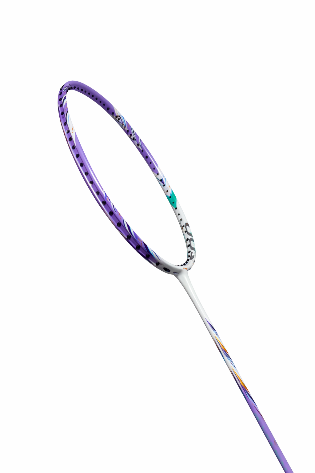 A close-up of the Li-Ning BladeX 600 4U Badminton Racket in White/Purple highlights its minimal design, colorful accents, and ultra carbon build, with the frame mostly purple and shaft white, shown isolated on a white background.