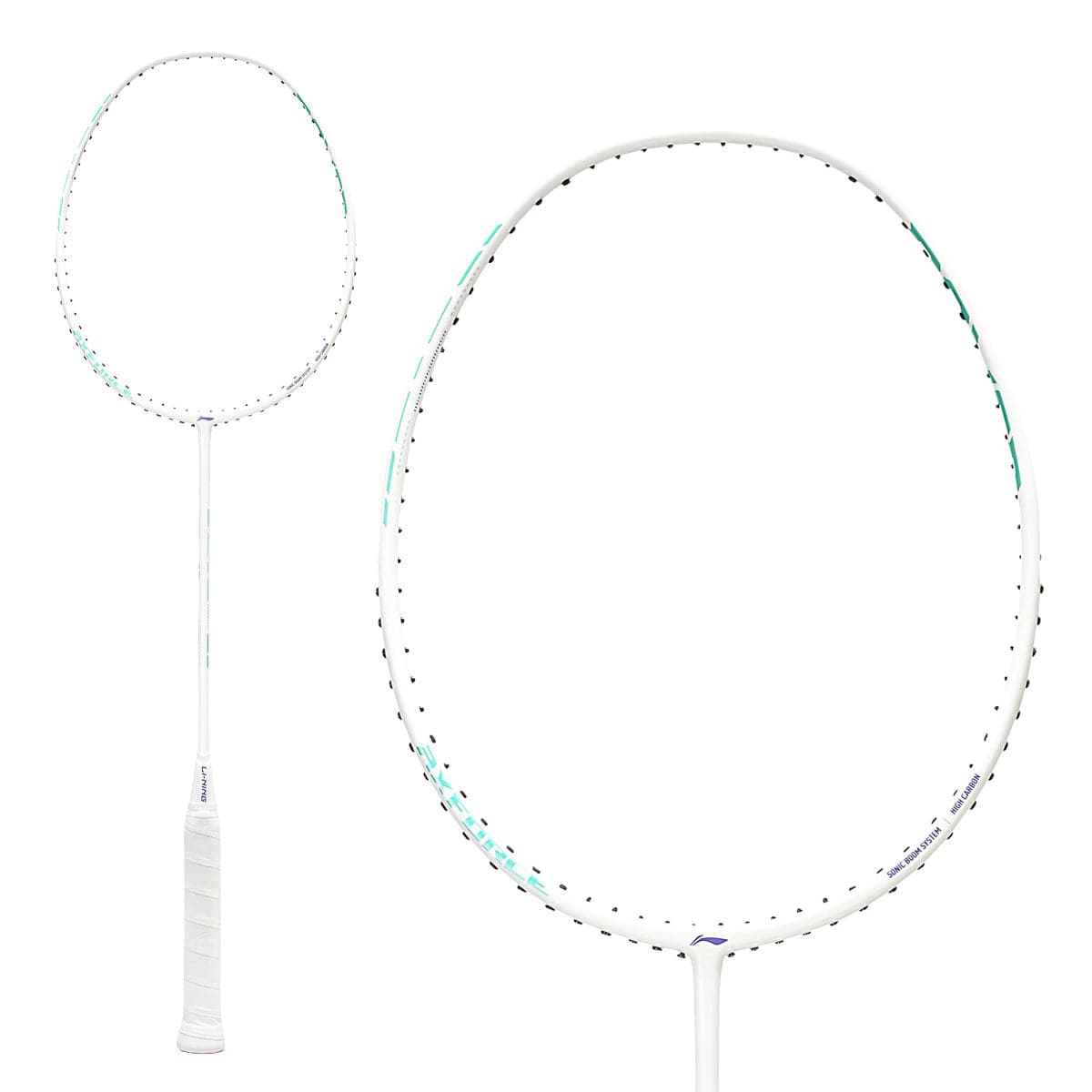 The Li-Ning Axforce 10 4U Badminton Racket - Pearl White (Strung) features a slim shaft and head-heavy balance, shown in both full view and a close-up of the large oval head.