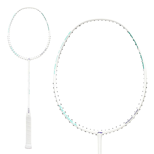 The Li-Ning Axforce 10 4U Badminton Racket - Pearl White (Strung) features a slim shaft and head-heavy balance, shown in both full view and a close-up of the large oval head.
