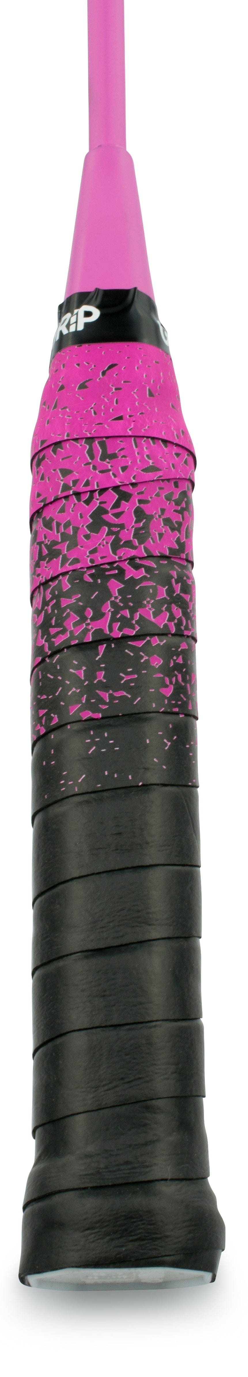 Close-up of the Get a Grip Badminton Overgrip - Looking Sharp by Get A Grip, with a black and splattered pink textured design—ideal for badminton racket grip or as a thoughtful gift for players.