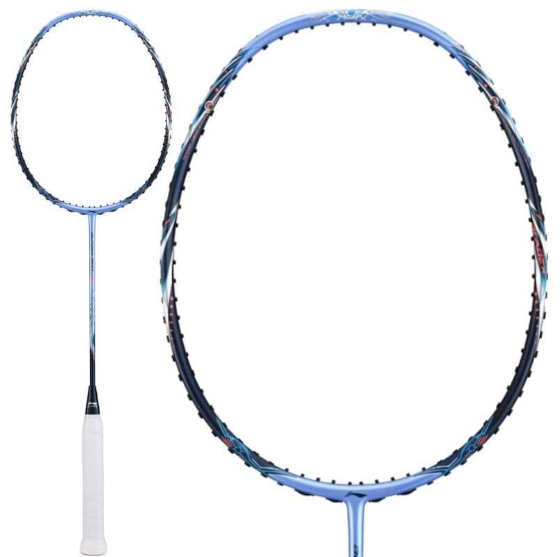 The Li-Ning BladeX 900 Moon Max 3U Badminton Racket in blue stands upright, showcasing its oval head with detailed strings and frame.