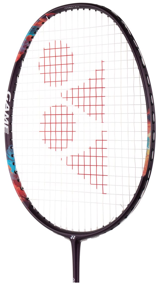 The Yonex Nanoflare 700 Game 4U Badminton Racket in Midnight Purple features a black frame with colorful accents and a white net with a red logo—ideal for intermediate players who want both style and performance.