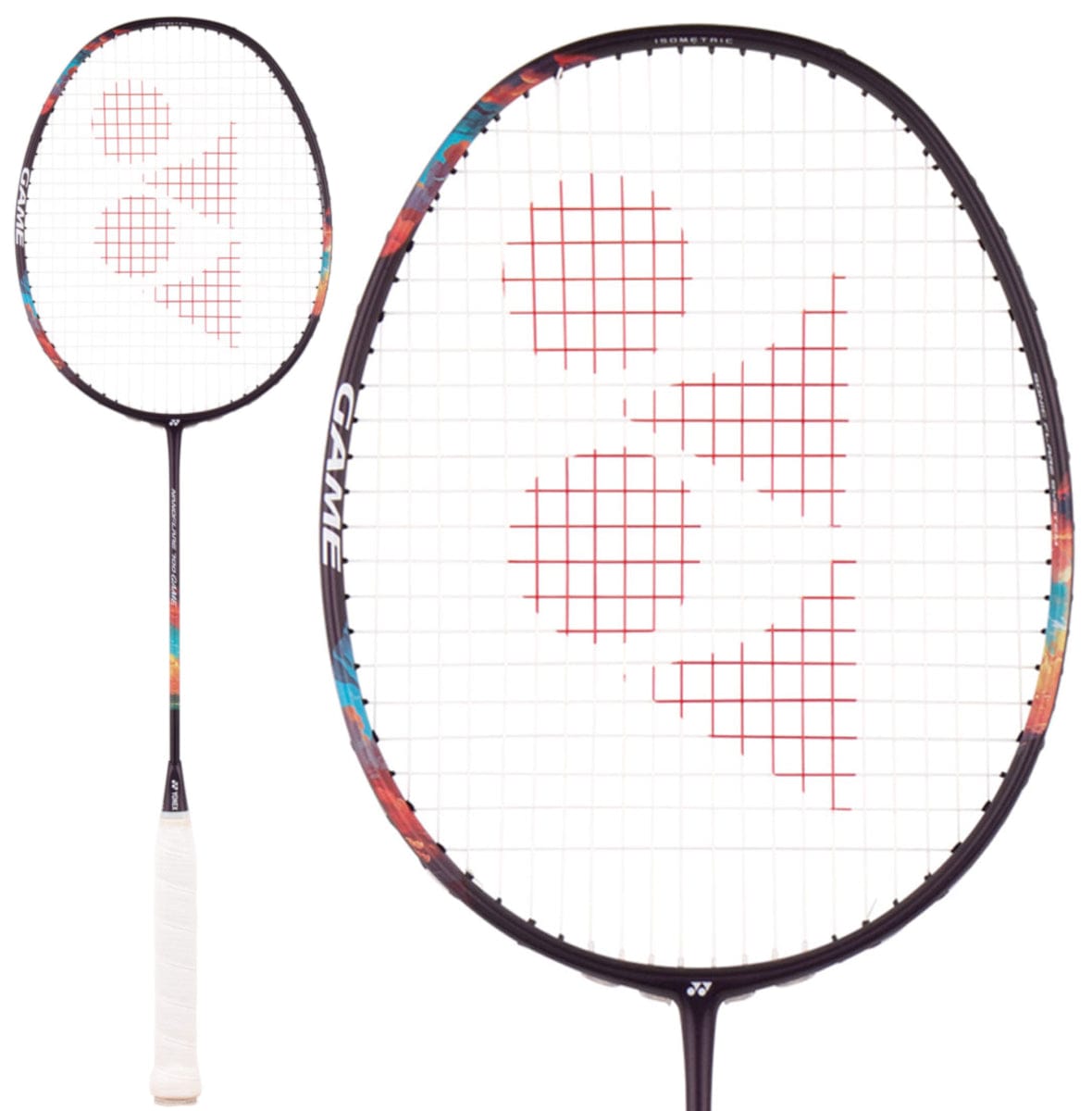 The Yonex Nanoflare 700 Game 4U Badminton Racket in Midnight Purple features a white grip and red geometric string designs, shown in full and close-up views—perfect for intermediate players.