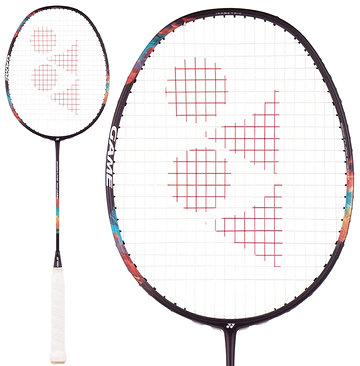 The Yonex Nanoflare 700 Game 4U Badminton Racket in Midnight Purple features a white grip and red geometric string designs, shown in full and close-up views—perfect for intermediate players.