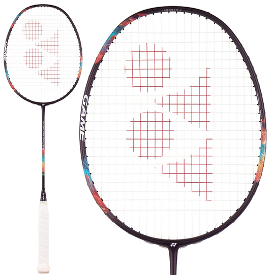 The Yonex Nanoflare 700 Game 4U Badminton Racket in Midnight Purple features a white grip and red geometric string designs, shown in full and close-up views—perfect for intermediate players.