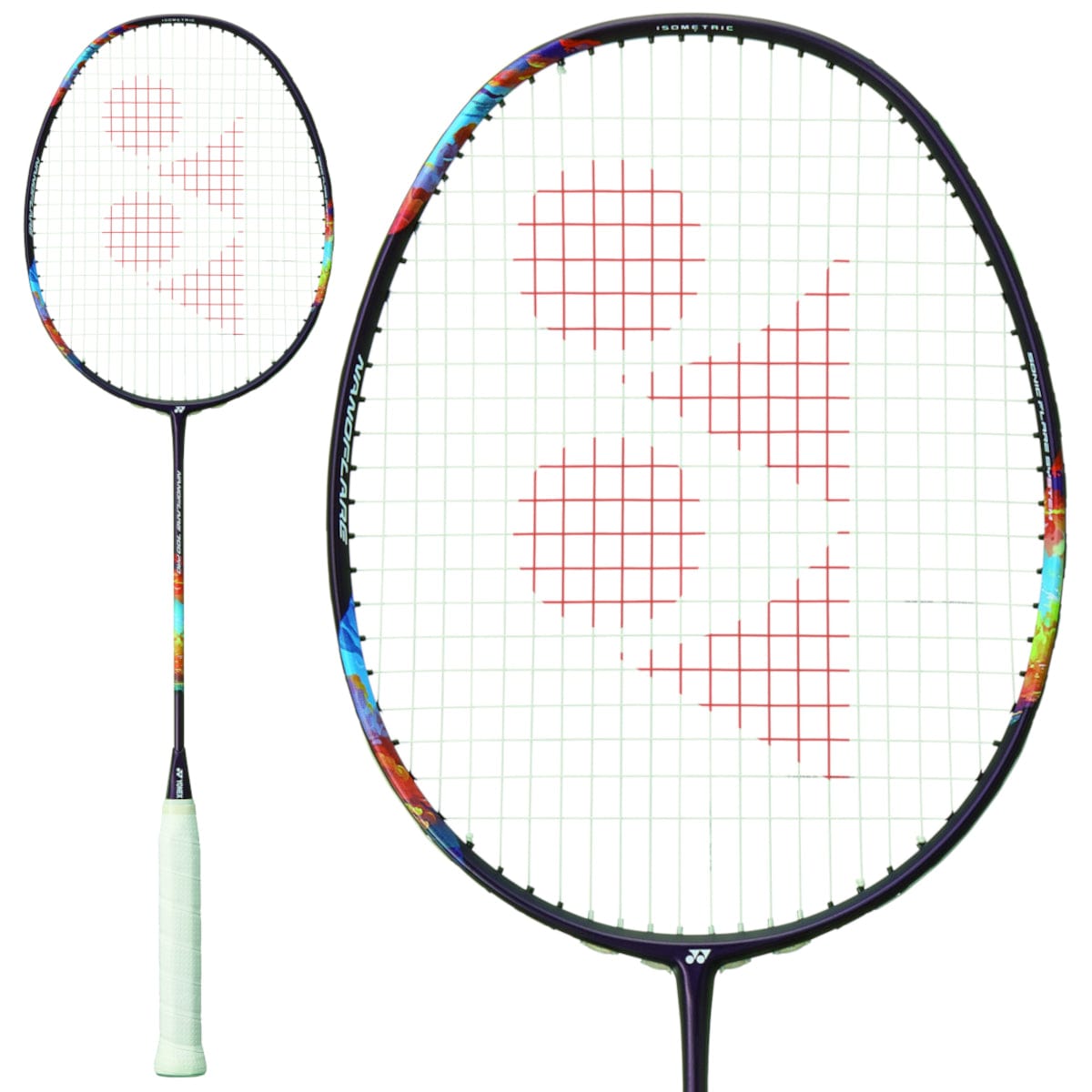 The Yonex Nanoflare 700 Pro 5U badminton racket in Midnight Purple, perfect for advanced players, features a white grip and a multicolored frame. The string bed displays a red triangular logo pattern. On the right, there is a close-up of the racket head, while the full view including the handle is on the left.