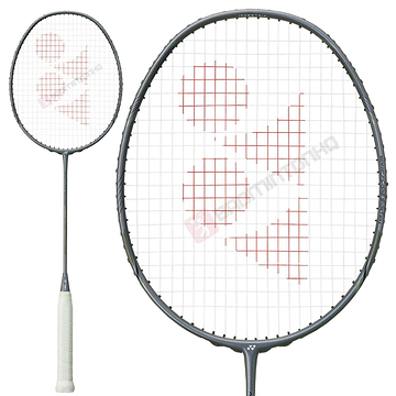 The Yonex Nanoflare Nextage 4U Badminton Racket, ideal for intermediate players, sports a white grip and red logo on strings. With a sleek metallic dark grey frame, it's showcased in detailed head shots and full-view images.