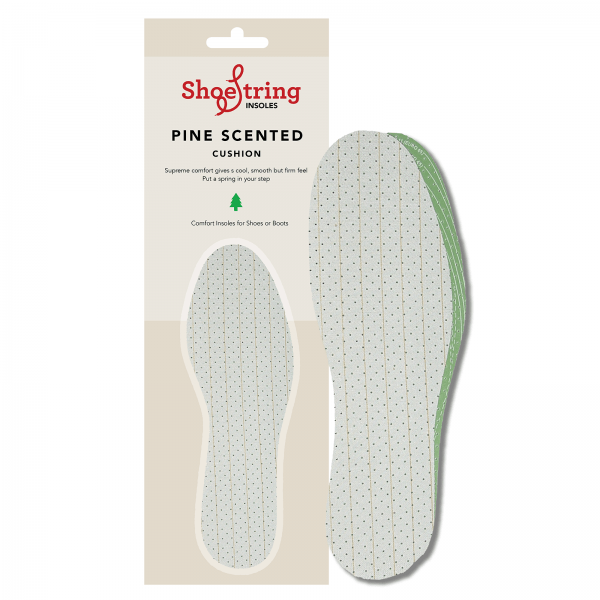 Displayed is a package of Shoestring Cut-to-Fit Badminton Sports Shoe Insoles - UK4-12, perfect for athletic footwear. These insoles boast a white base adorned with black dotted patterns and a hint of green on the sides, ensuring both comfort and a refreshing pine scent for sports enthusiasts.