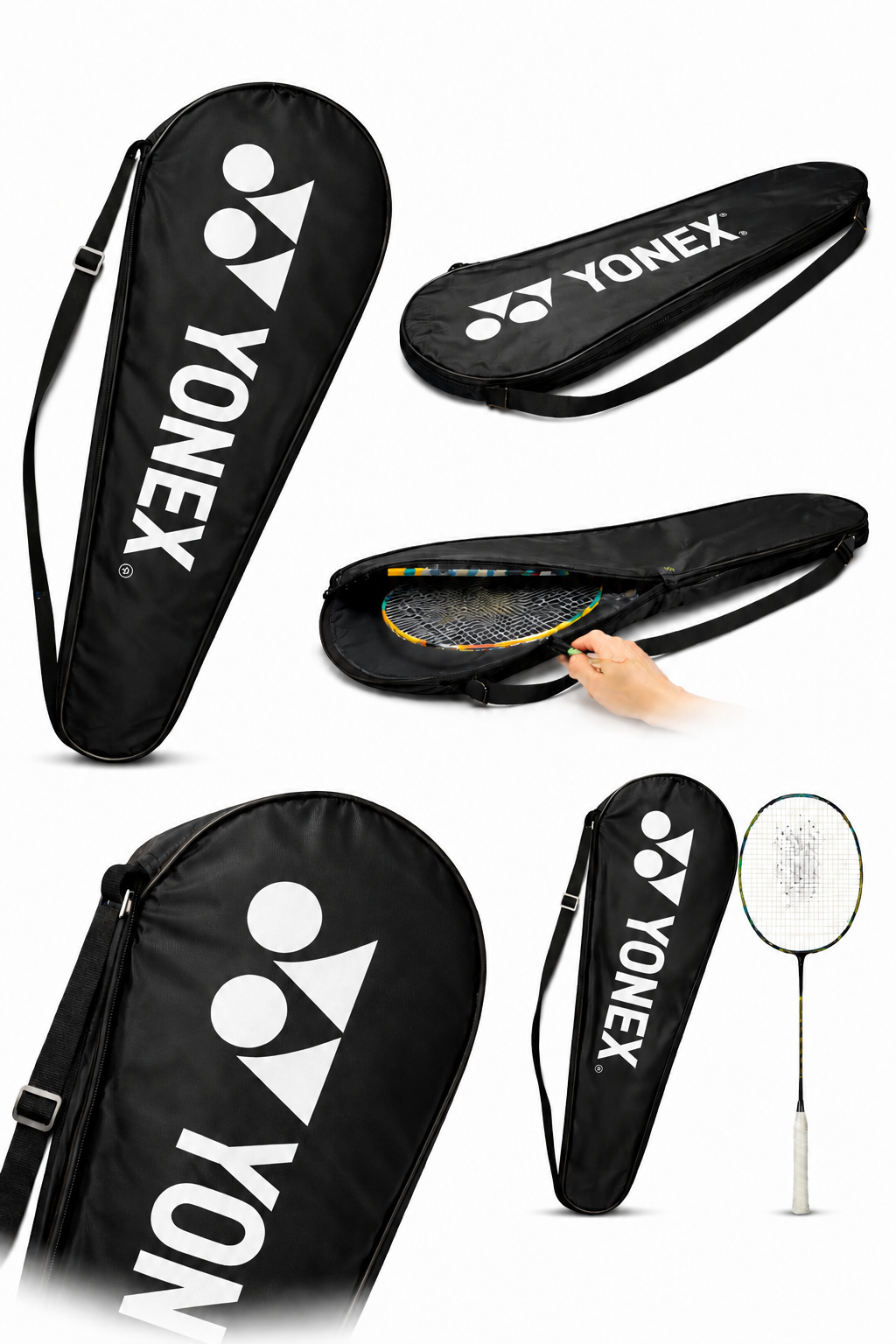 The Yonex Full Size Badminton Racket Cover - Black, featuring a white Yonex logo, is shown from various angles; one image highlights a hand placing a racket inside, demonstrating full coverage and excellent protection.