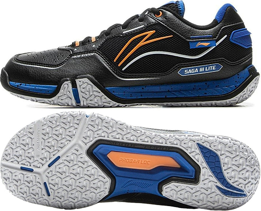 The Li-Ning Saga III Lite Men's Badminton Shoes in black feature blue and orange accents, "SAGA III LITE" branding, a white/gray/orange tread with "PROBAR LOC," and Li-Ning Cloud cushioning for comfort.