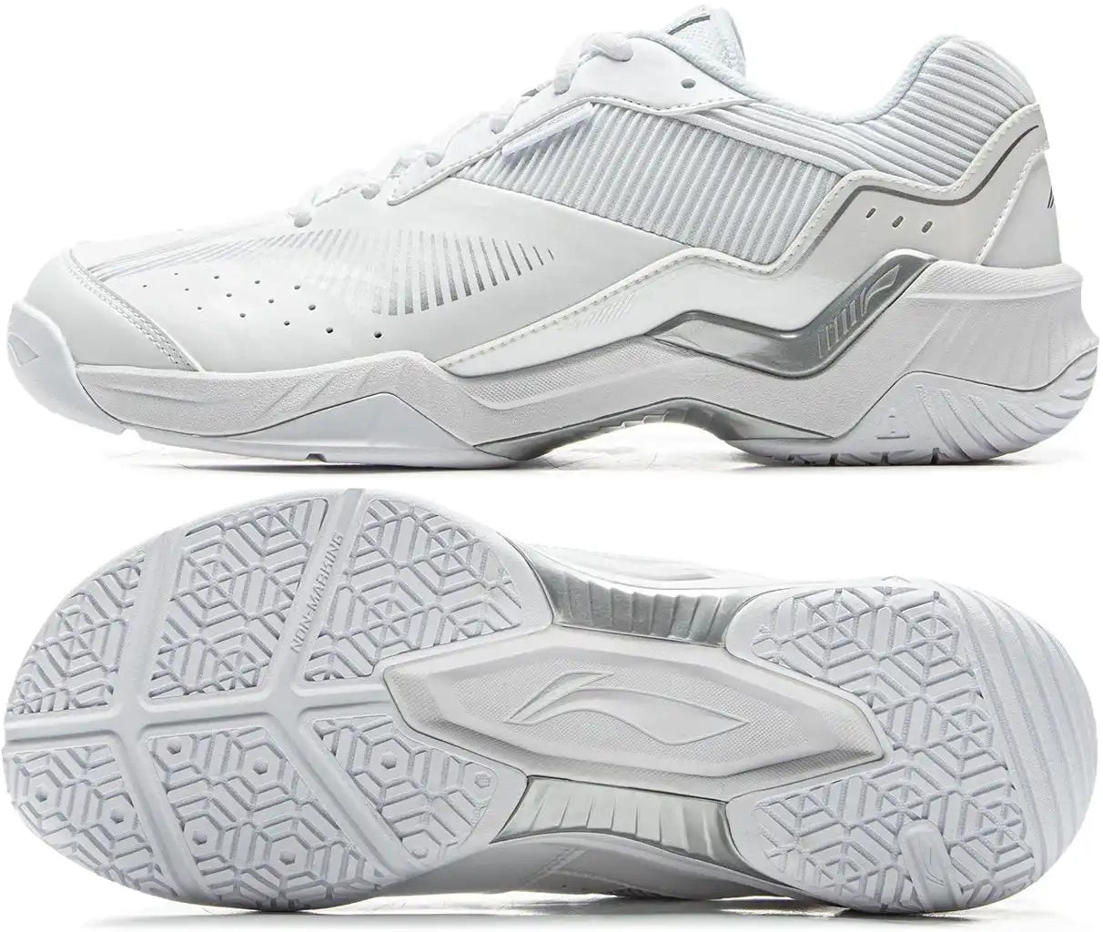 Li-Ning Sonic Boom Unisex Badminton Shoes in white are shown: one highlights the sleek side design, while the other displays the geometric tread patterns on the sole for enhanced indoor court grip and protection.