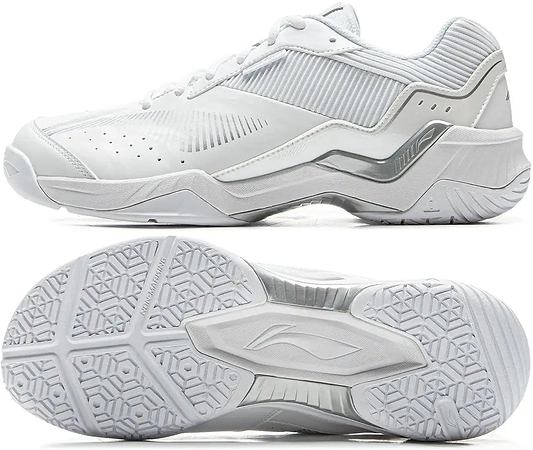 Li-Ning Sonic Boom Unisex Badminton Shoes in white are shown: one highlights the sleek side design, while the other displays the geometric tread patterns on the sole for enhanced indoor court grip and protection.