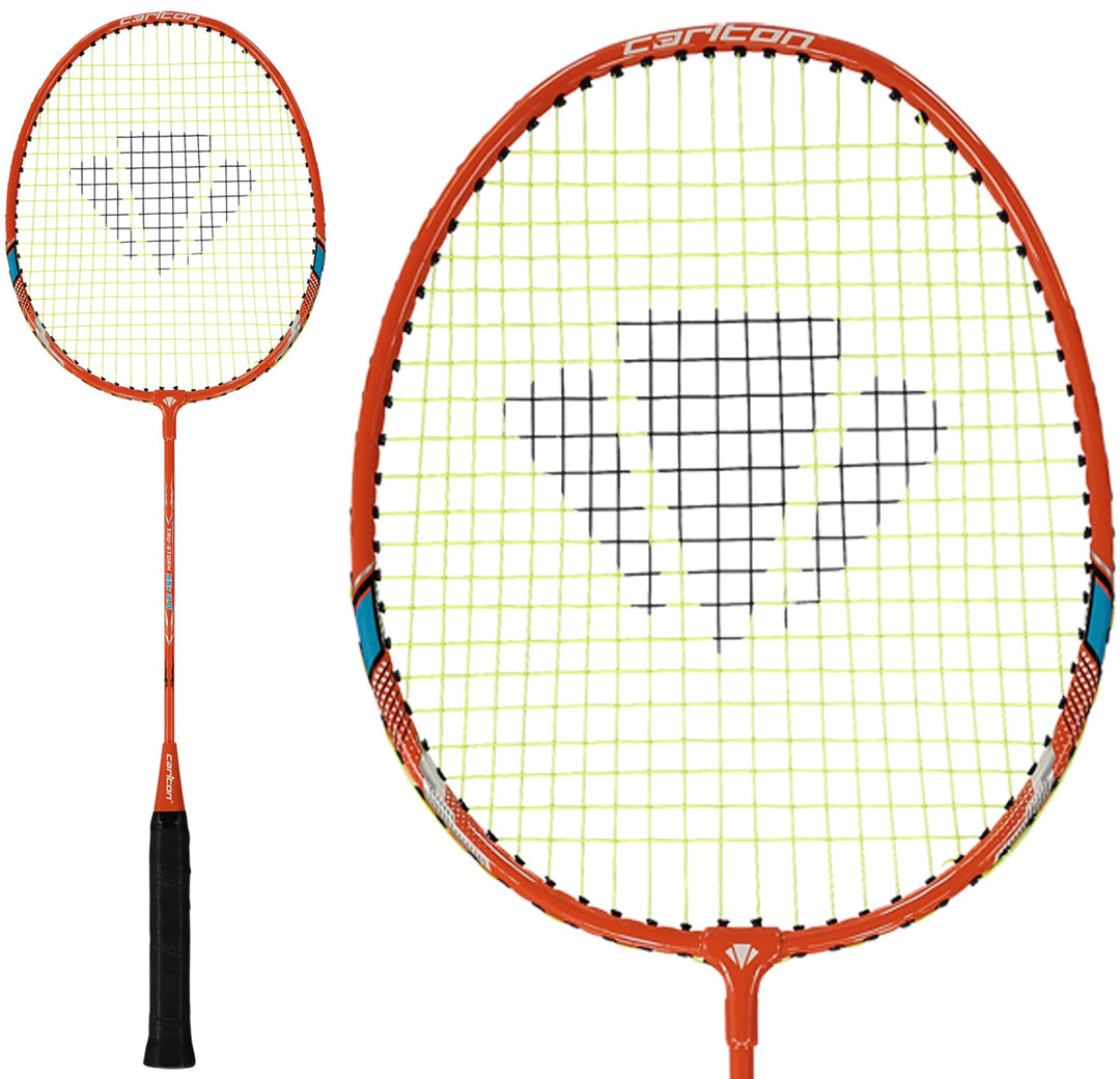 The Carlton Tru-Storm SSx 3.0 G6 1U Badminton Racket by Carlton stands out with its vibrant neon orange frame, complemented by a black handle and yellow strings featuring a bold black triangular design at the center. The durable racket is displayed in both a full-length view and a close-up that emphasizes the distinctive string pattern—making it an ideal option for beginners and casual players alike.