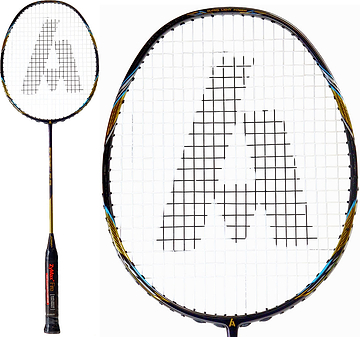 The Ashaway Superlight 99 SQ 5U Badminton Racket in gold and black, featuring a large "A" logo at the center of the string bed, is shown in full-length and close-up views.