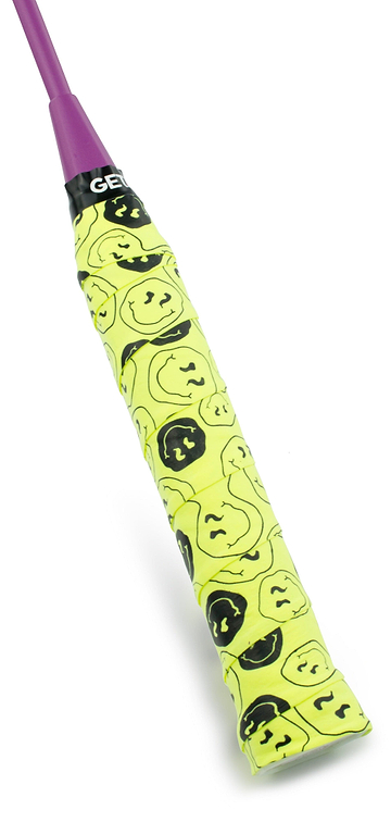 The Get A Grip Badminton Overgrip - Smiley by Get A Grip features a yellow grip with black smiley faces and a purple top section—perfect for anyone who loves unique sports gear or wants a fun badminton gift.