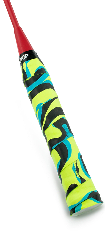 Close-up of the Get a Grip Badminton Overgrip - The Flow by Get A Grip, featuring yellow, black, and blue wavy patterns with a red top and white "GRIP" branding. Combines style and comfort for your racket handle.