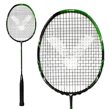 The Victor Ultramate 7 Graphite Badminton Racket in green and black has strings arranged in a distinctive "V" pattern. Its handle includes a black grip, and the graphite frame features the brand's text at the top. The images include both a full view of the racket and a close-up of its head, emphasizing its appeal as an entry-level option.