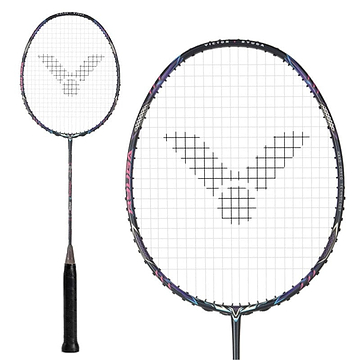 The Victor Thruster Ryuga II Pro 3U Badminton Racket in Mazarine Blue, by Victor, features a black handle, patterned oval head with V-patterned strings, and a sleek POWER BOX design frame for enhanced precision and performance.