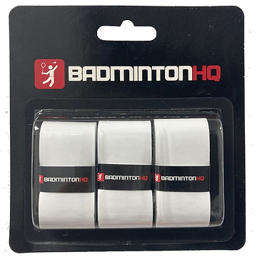 The BadmintonHQ 3 Pack Badminton Overgrips includes three white grips with black "BADMINTONHQ" bands, excellent sweat absorption, and packaging displaying the brand name and logo at the top.