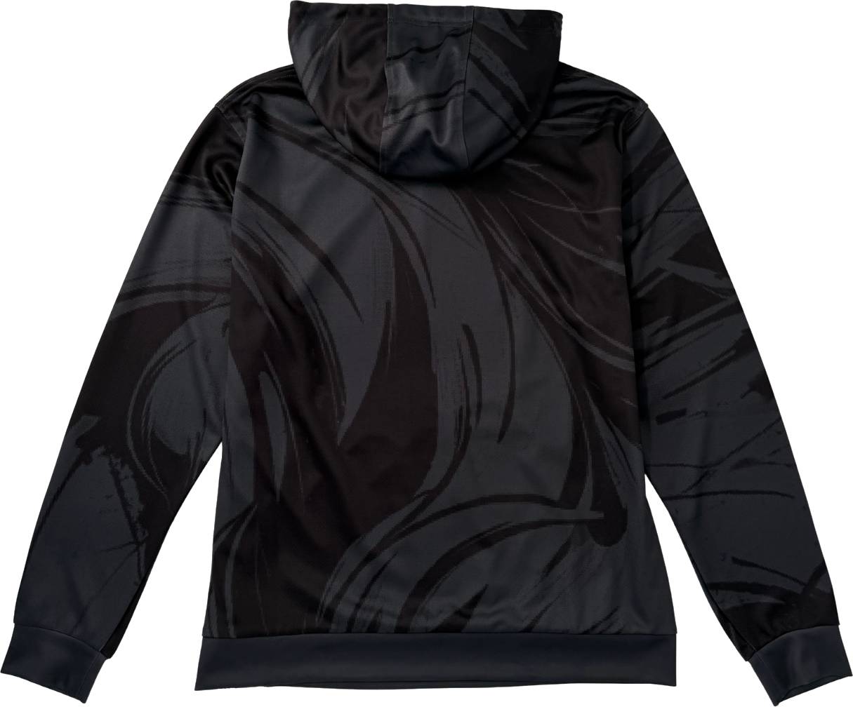 A Yonex YHD6 Unisex Badminton Hoodie - Storm by Yonex in black, featuring subtle dark abstract swirl patterns on the back, displayed against a white background.