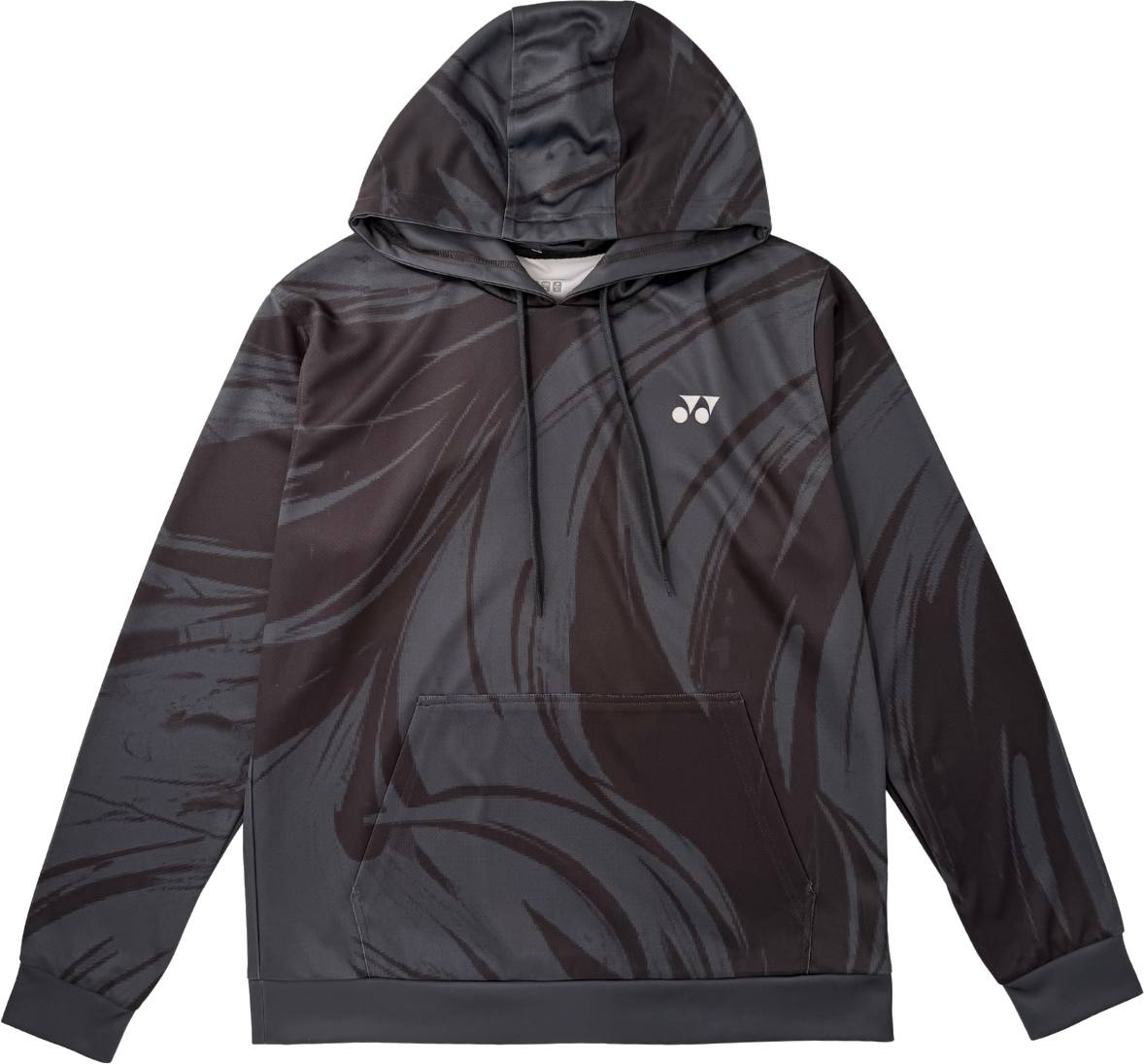 Introducing the Yonex YHD6 Unisex Badminton Hoodie – Storm: a black and dark gray Yonex hoodie adorned with an abstract swirl design, featuring a front pocket and a small white logo on the left chest—ideal for fans of Yonex team apparel.